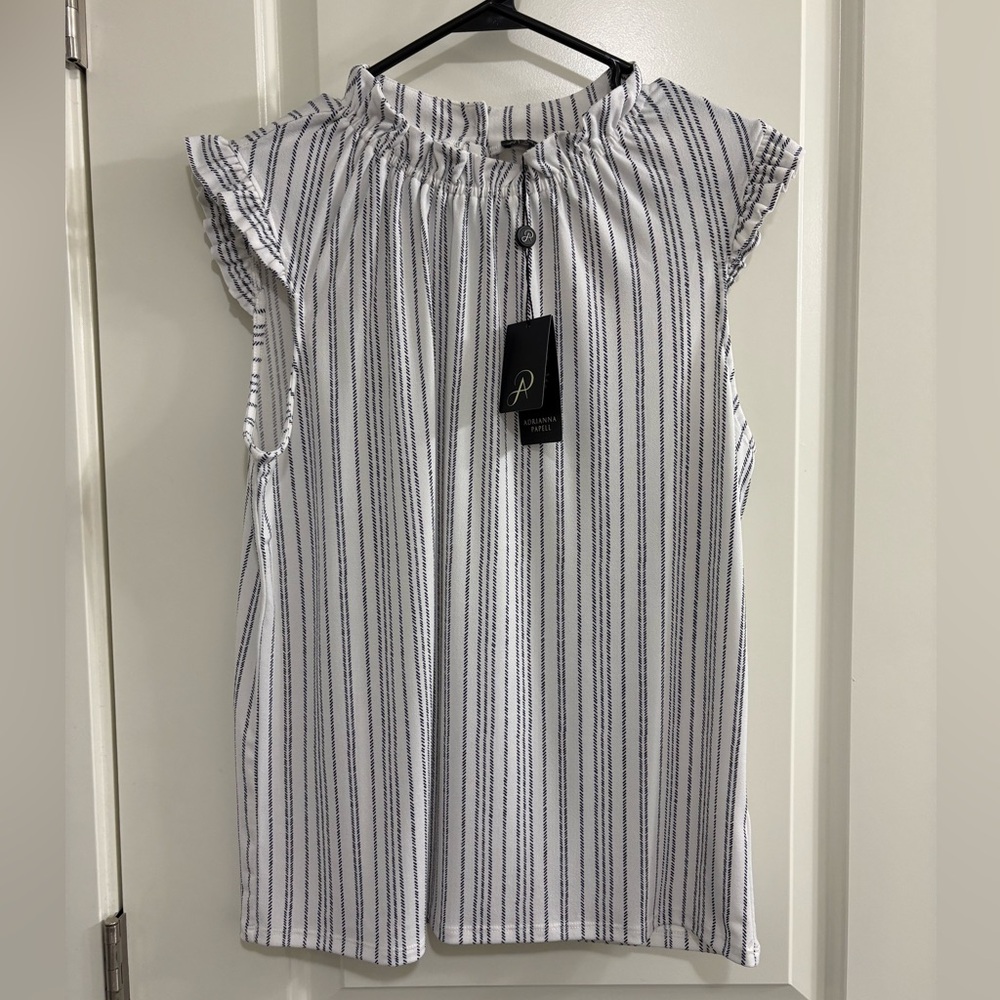 Adrianna Papell Anthropologie Ruffle Mock Neck Ivory Black Striped Women’s Tank